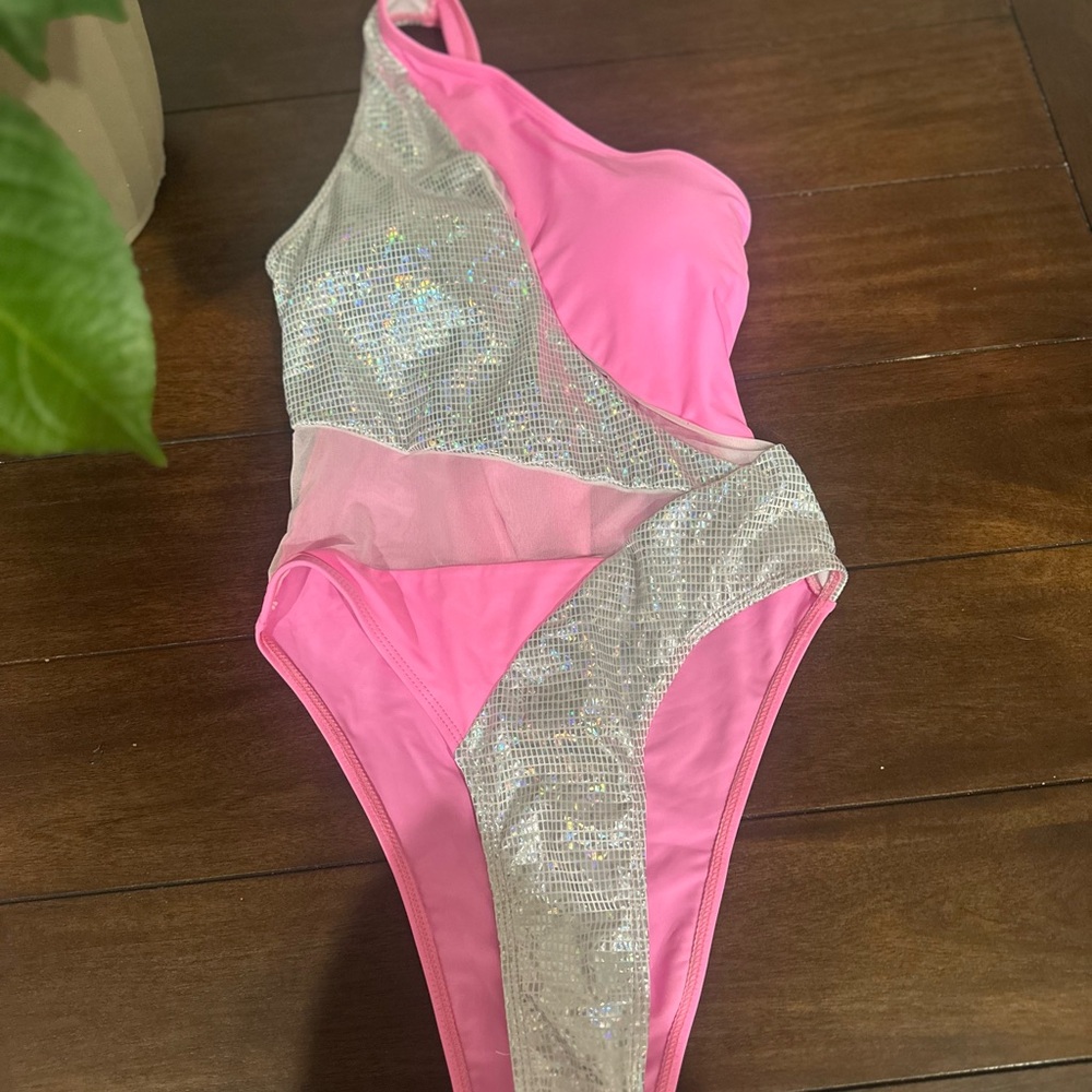 Pink and Silver One-Shoulder Swimsuit